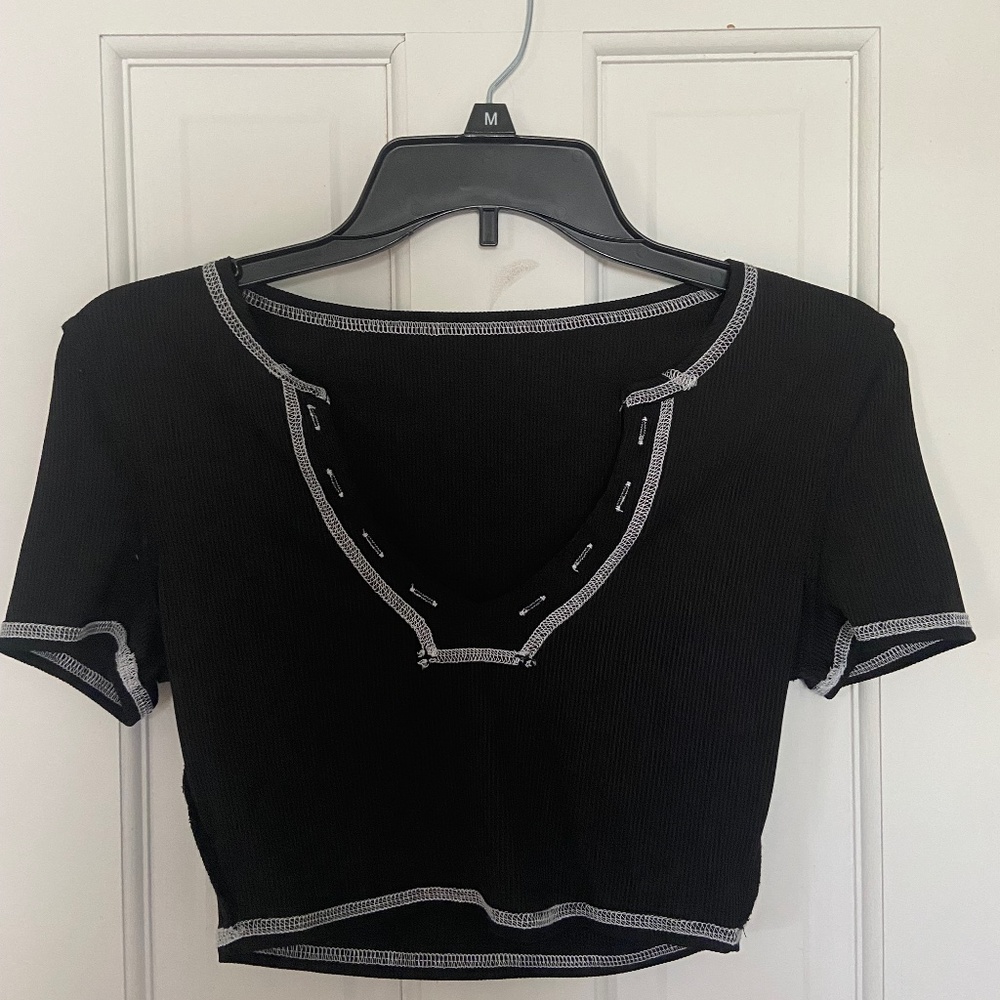 Black with White Stitching V Neck Tee